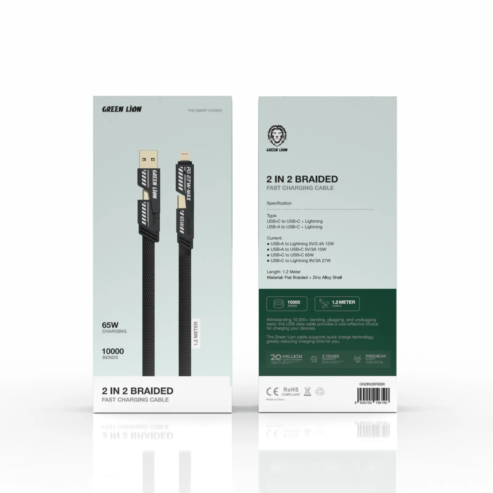 کابل تبدیل چهار کاره 2 در 2 با روکش بافتنی USB/A به USB/C و C به لایتنینگ گرین لاین 2In-2 Braided Fast Charging Cable